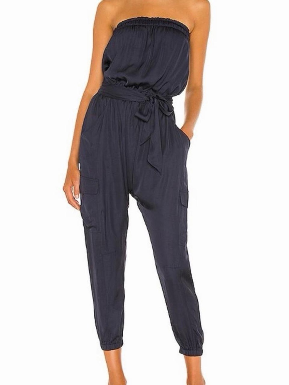 Frame Denim Navy Strapless Cargo Jumpsuit with Tie Waist